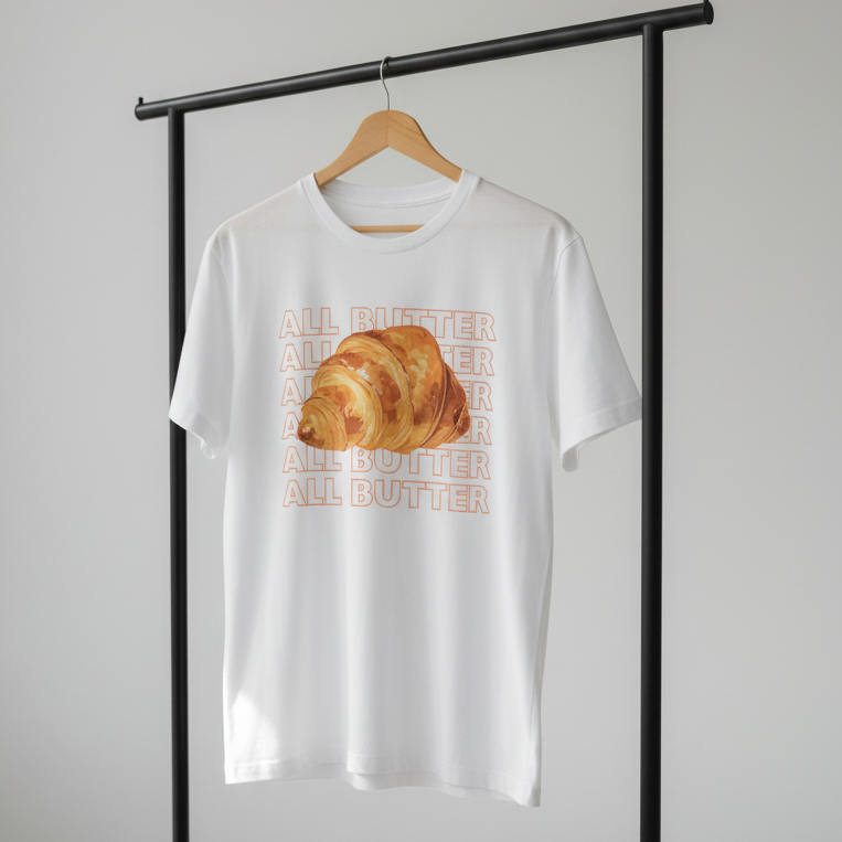 White t-shirt with a croissant graphic and 'All Butter' text on a hanger against a white background