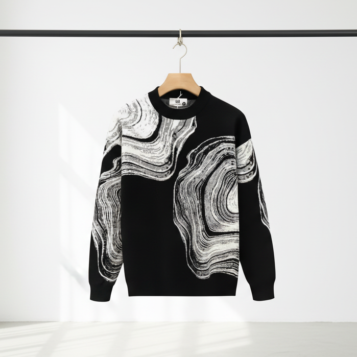 Black sweater with abstract white pattern on a rack against a white background