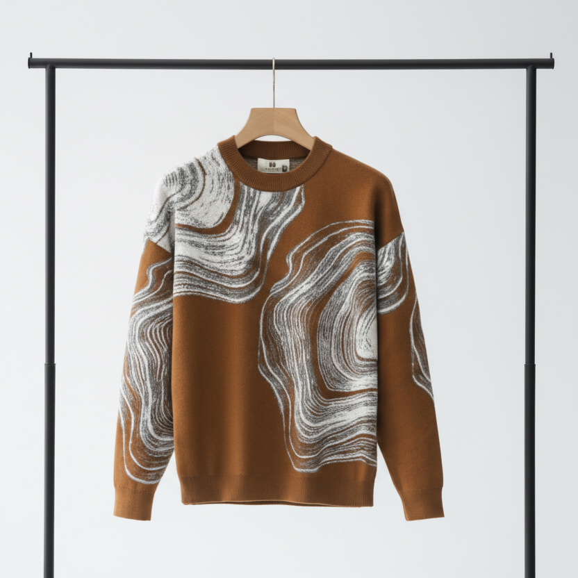 Ochre sweater with abstract pattern on a black garment rack against a white background.