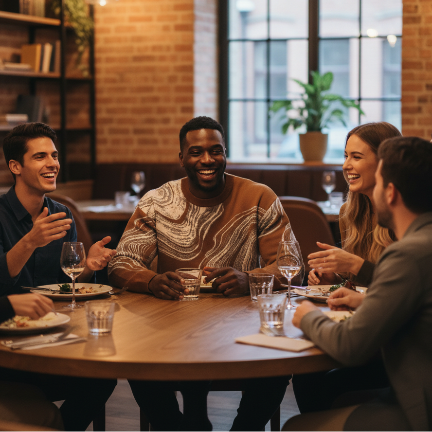Male model wearing the Ochre sweater with a group of friends enjoying a meal together at a restaurant.