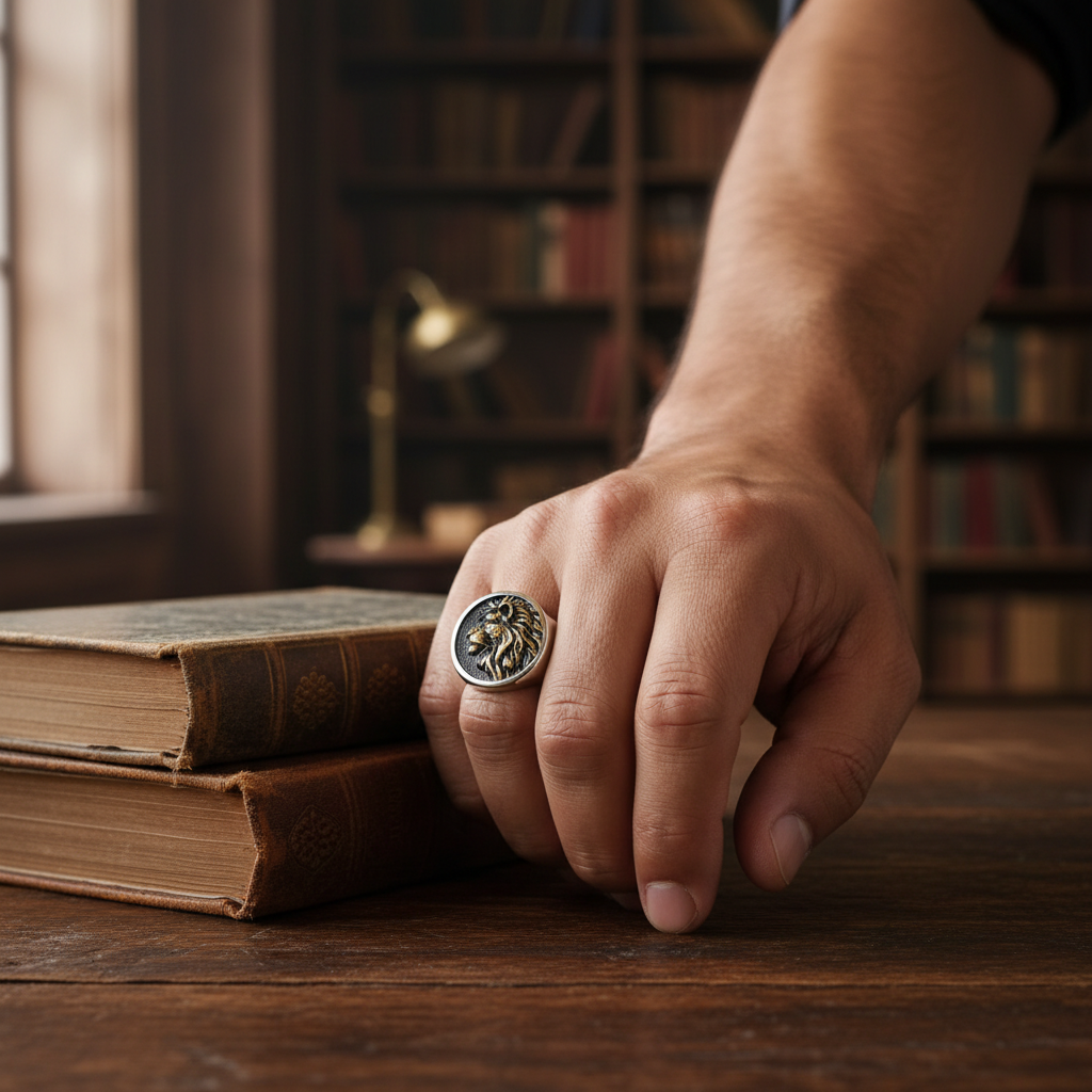 Lion of Judah Signet Ring with gold detailing on a male model's hand.