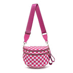 Barbie pink and white checkered Baye Bag with a pink strap on a white background
