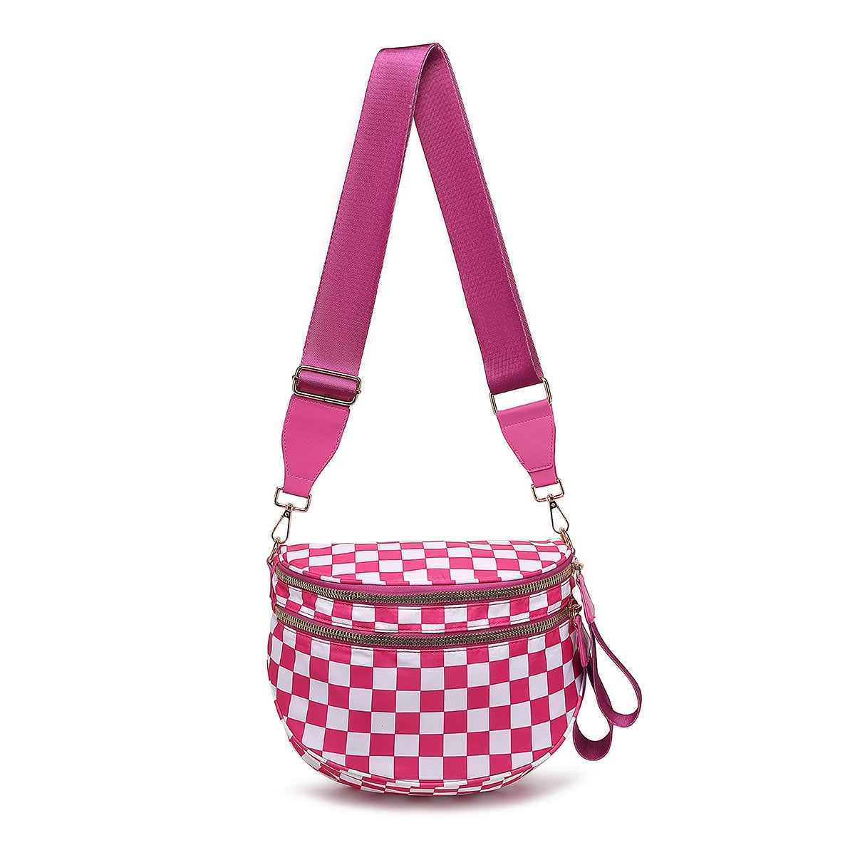 Barbie pink and white checkered Baye Bag with a pink strap on a white background