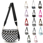 Black and white checkered Baye Bags with multiple color options displayed on a white background