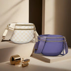 Two Baye Bags, one cream and white checked and one ube purple, on a neutral background with gold accents.