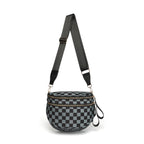 Black and gray checkered Baye Bag with a strap on a white background