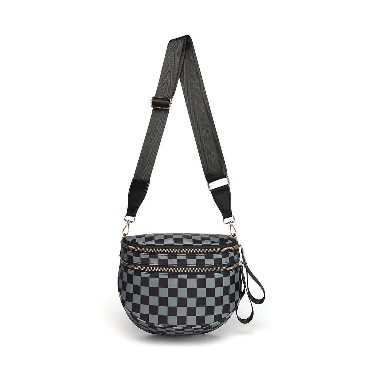 Black and gray checkered Baye Bag with a strap on a white background
