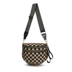 Black and Tan Checkered Baye Bag with a black strap on a white background
