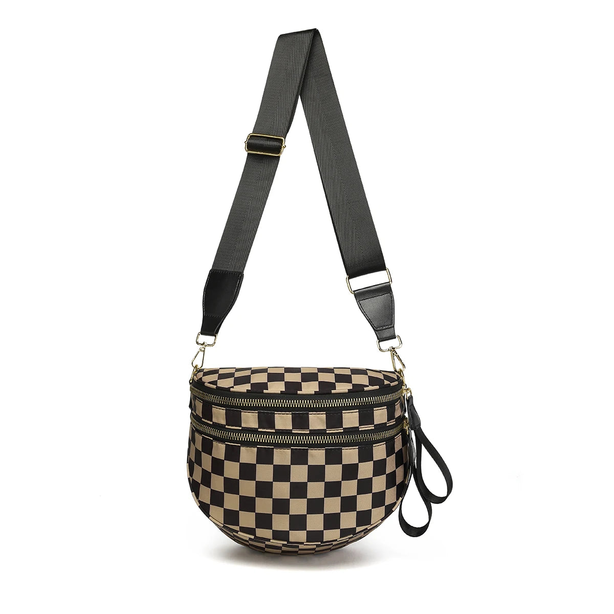 Black and Tan Checkered Baye Bag with a black strap on a white background