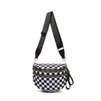 Black and white checkered Baye Bag with a strap on a white background