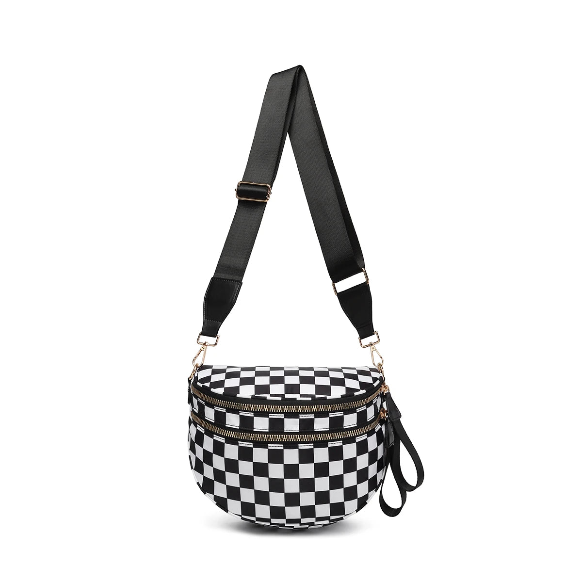 Black and white checkered Baye Bag with a strap on a white background