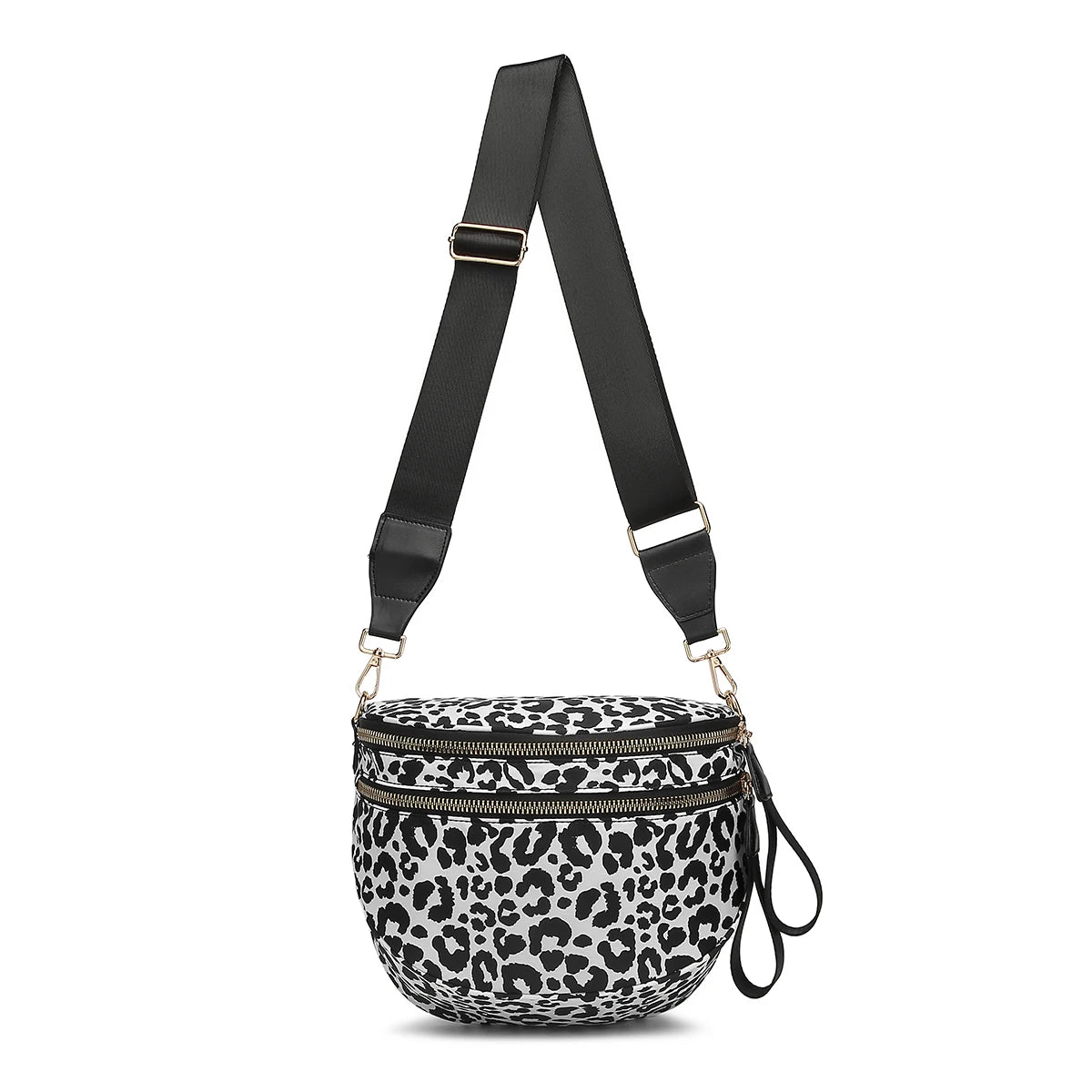 Black White Leopard print Baye Bag with a black strap on a white background