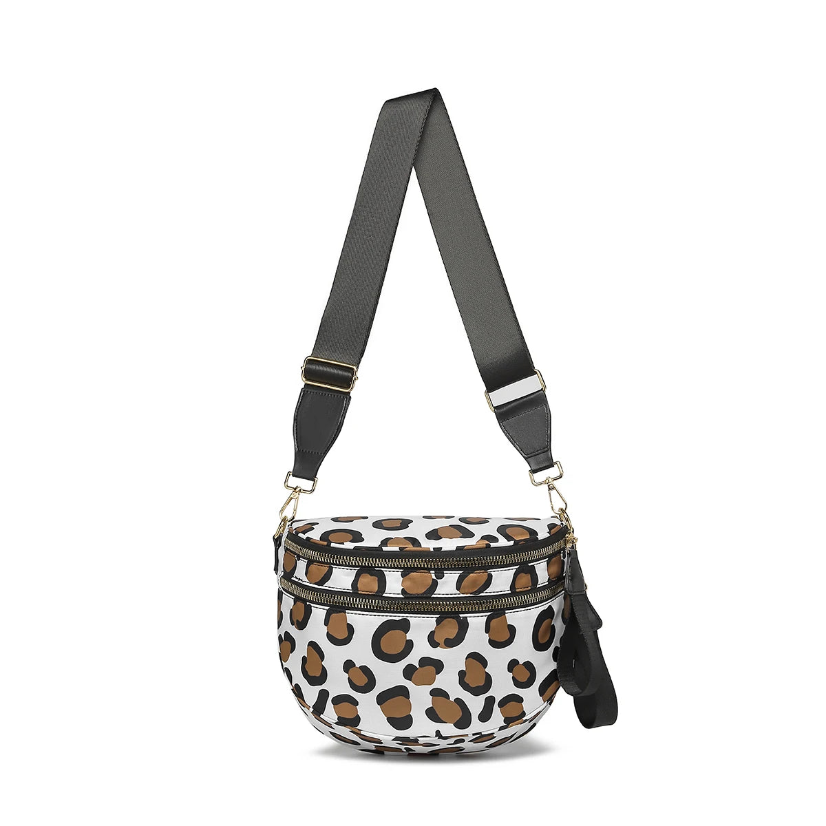 Bold Brown Black Leopard print Baye Bag with a black strap on a white background