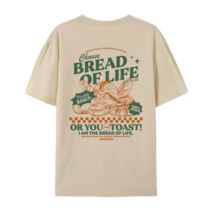 Tan t-shirt with Bread Of LIfe -themed graphic and text on a white background