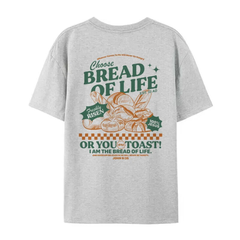 Light gray t-shirt with Bread Of Life -themed graphic and text on a white background