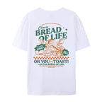 White t-shirt with Bread Of Life -themed graphic and text on a white background