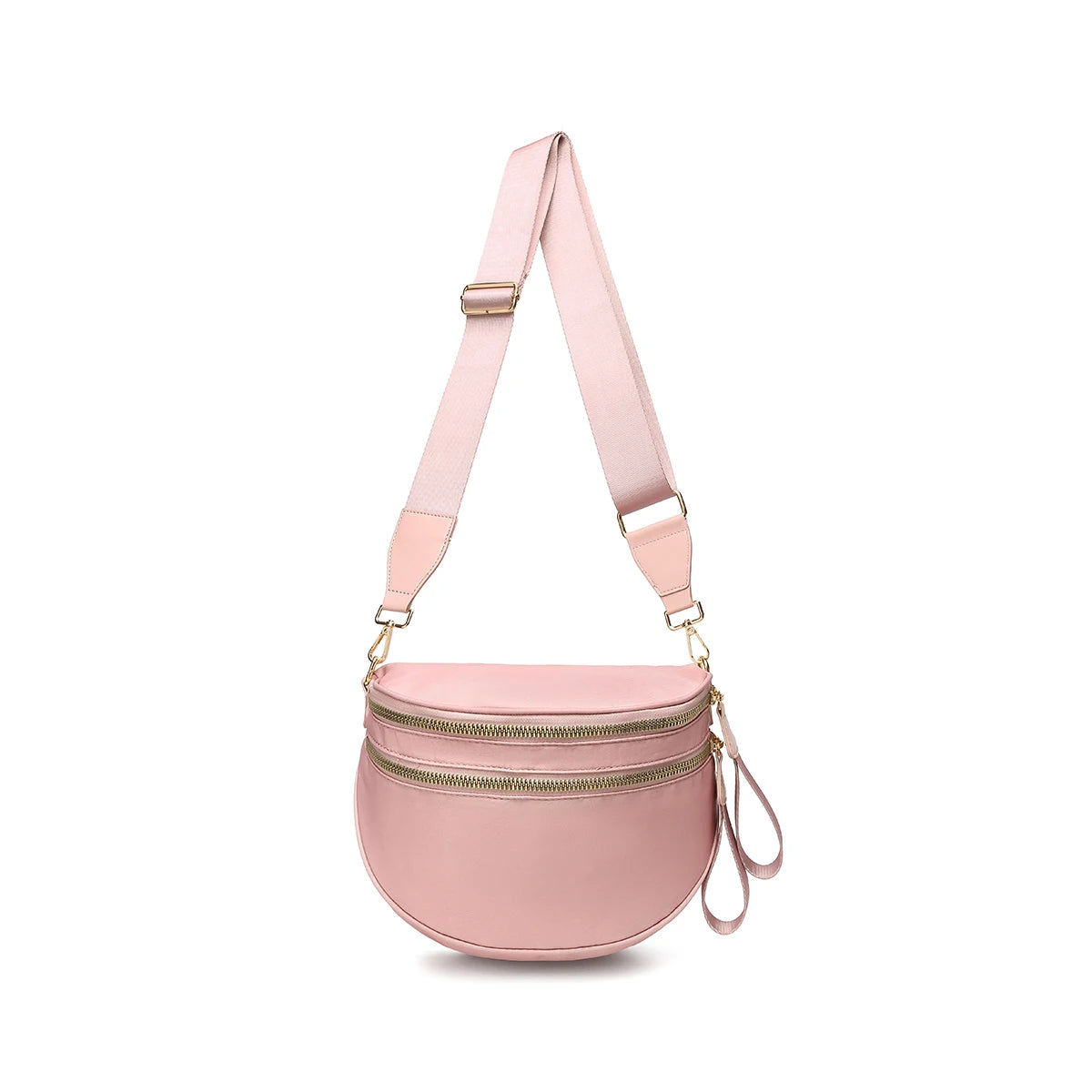 Bubblegum pink Baye Bag with a strap on a white background