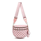 Bubblegum pink and white checkered Baye bag with a strap on a white background
