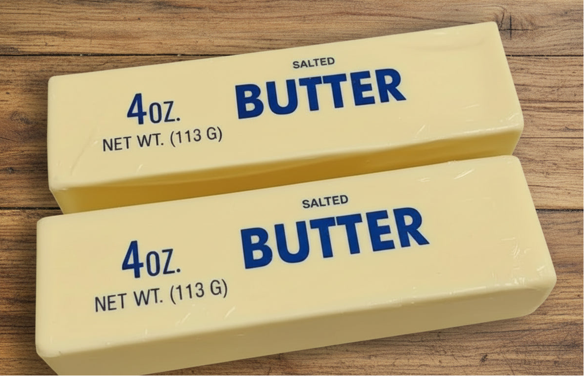 2 sticks of Butter Me Up Squishy - 4 oz butter on a wooden farmhouse table.
