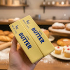 Two blocks of sensory fidget, squishy "salted butter sticks" with a hand holding them in a bakeshop setting.