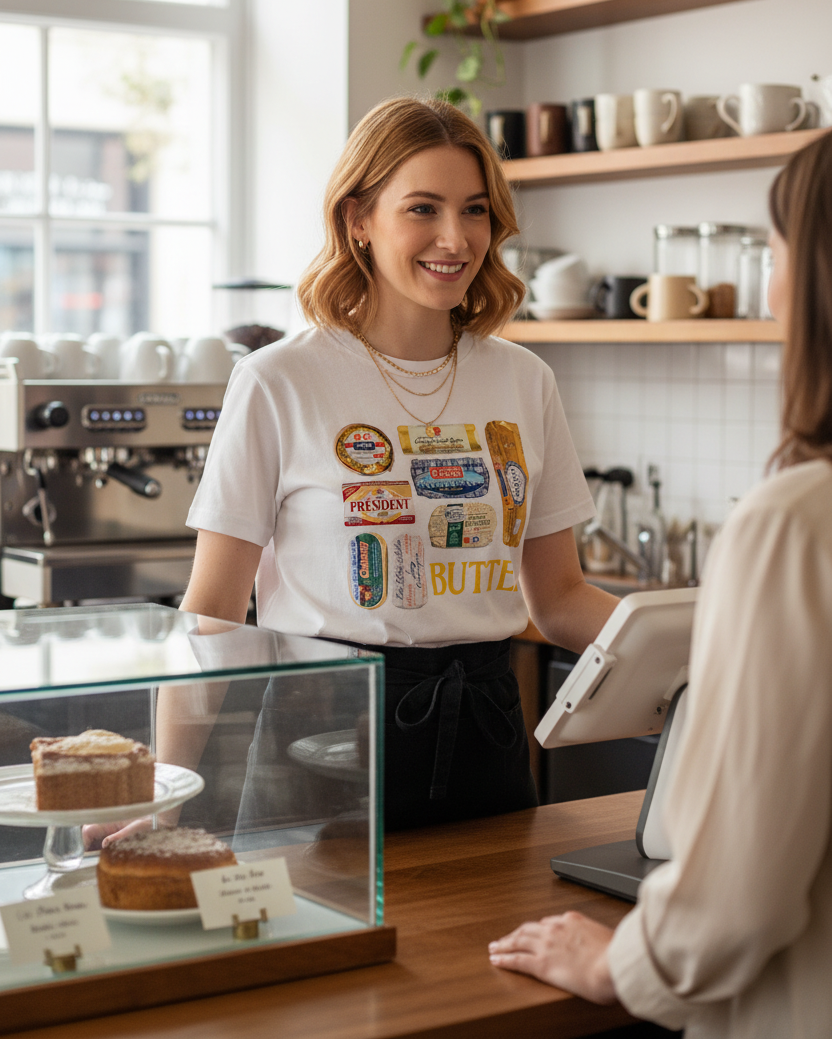 White t-shirt with butter packaging graphic and 'Butter' text on a white background