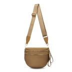 Caramel Brown Baye Bag with a strap on a white background
