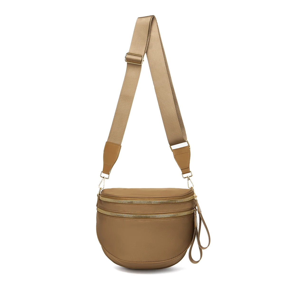 Caramel Brown Baye Bag with a strap on a white background