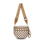 Caramel Brown and white checkered Baye Bag with a brown strap on a white background