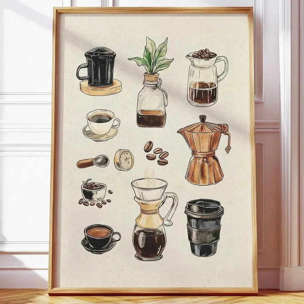 Framed artwork depicting various coffee-making items on a beige background