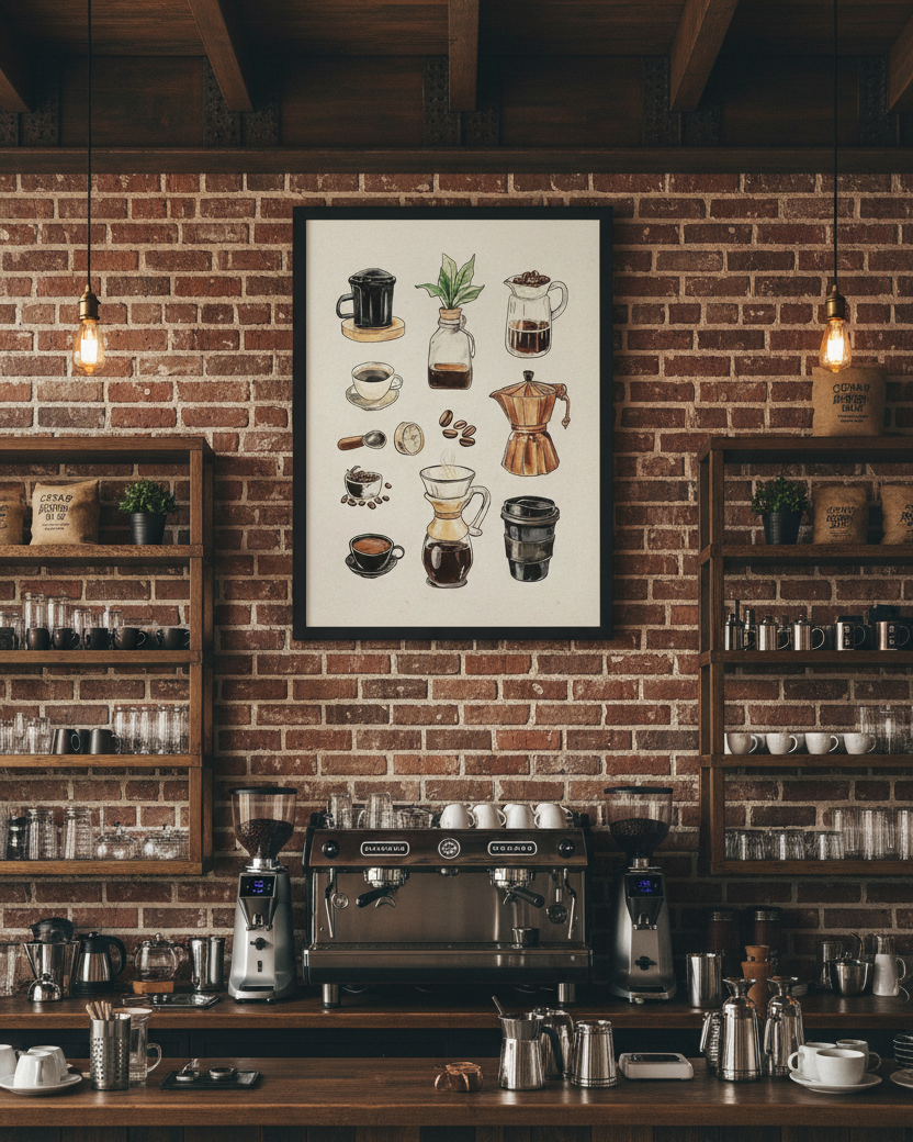 A framed vertical art print featuring vintage coffee brewing and serving illustrations, displayed on a rustic brick wall above a coffee bar with espresso machines and mugs.