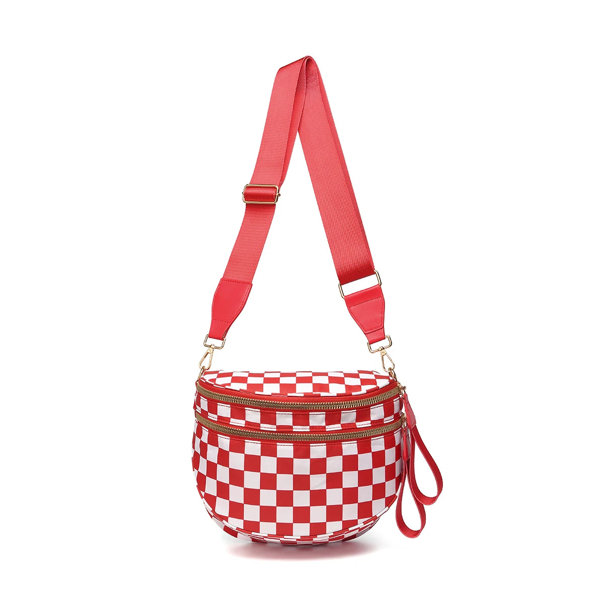 Coral red and white checkered Baye Bag with a red strap on a white background