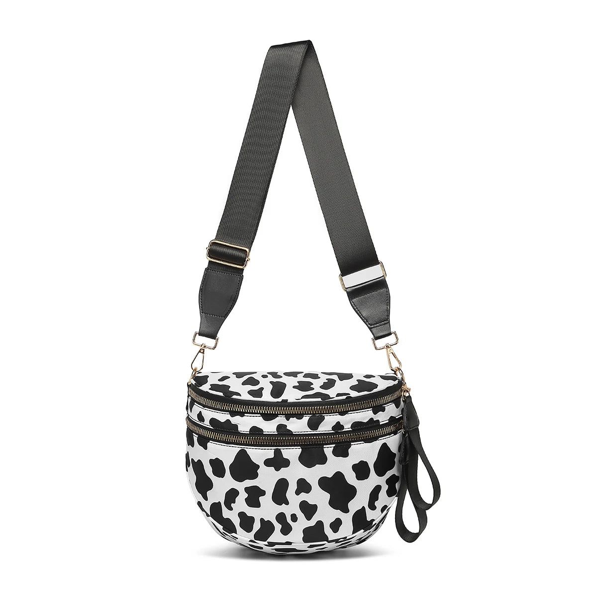 Cow print Baye Bag with a strap on a white background
