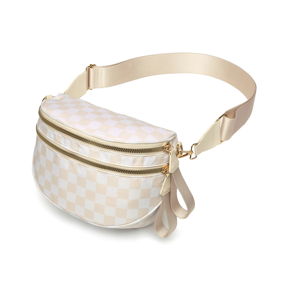 Checkered Baye Bag with gold accents on a white background