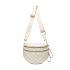 Cream and White checkered Baye bag with a strap on a white background