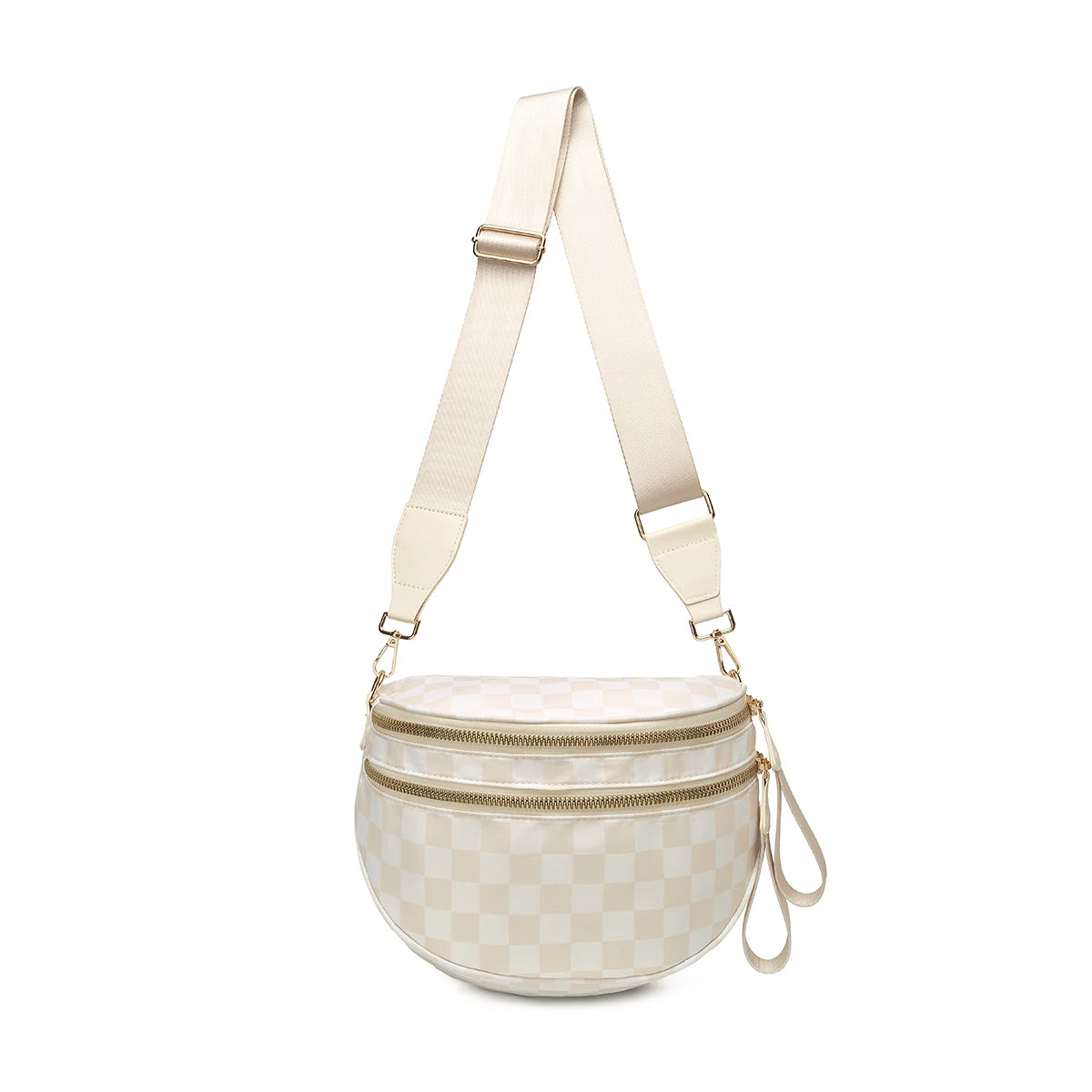 Cream and White checkered Baye bag with a strap on a white background