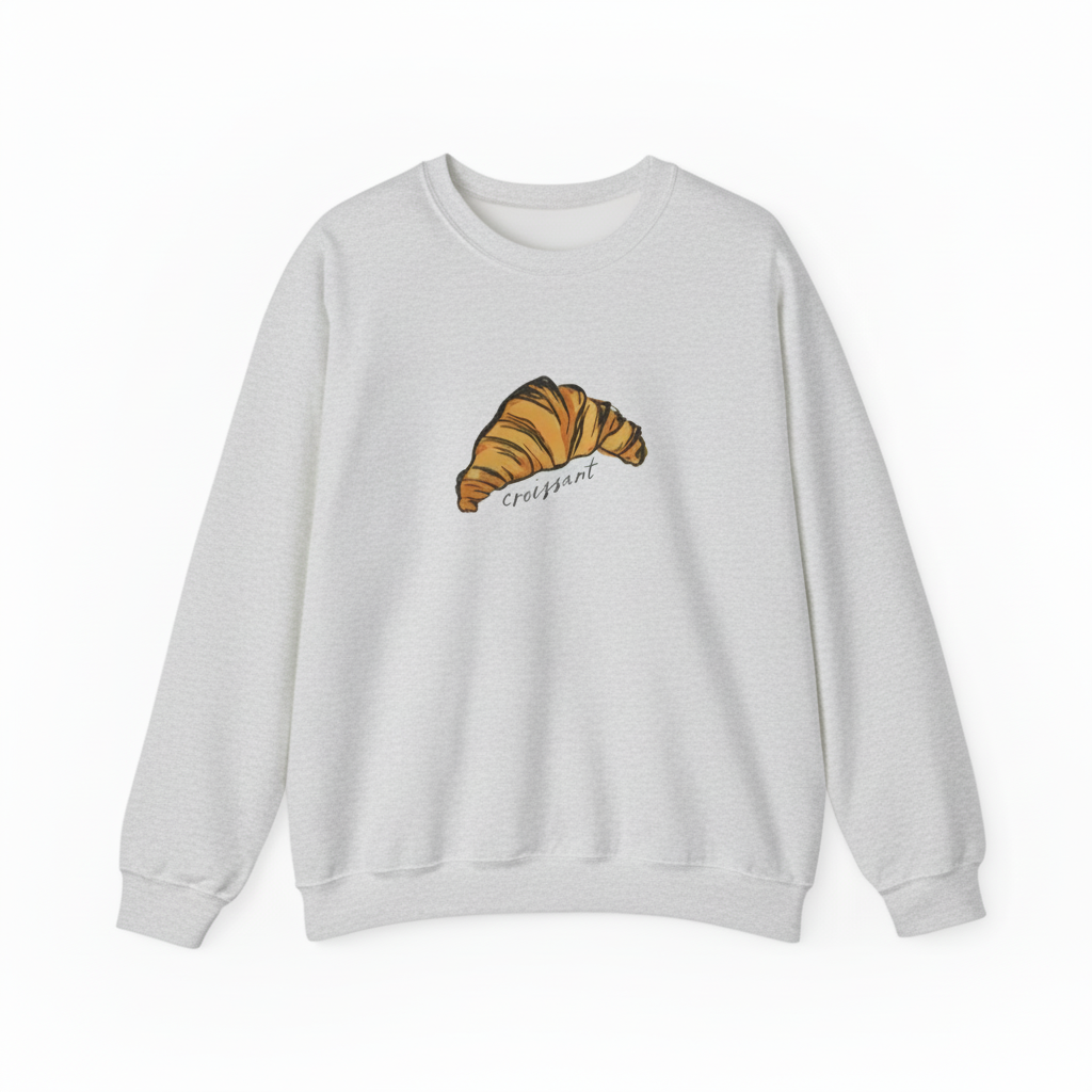 Gray sweatshirt with a croissant graphic on a white background