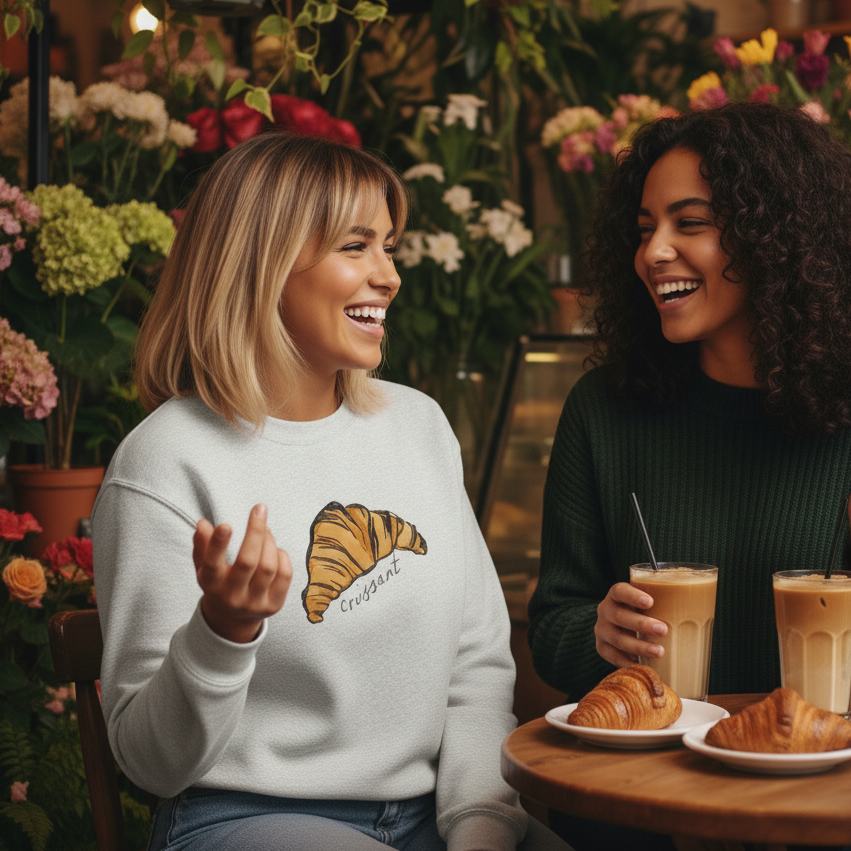 Two women sitting at a table with pastries and drinks in a floral setting, one wearing a light gray sweatshirt with a croissant illustration.