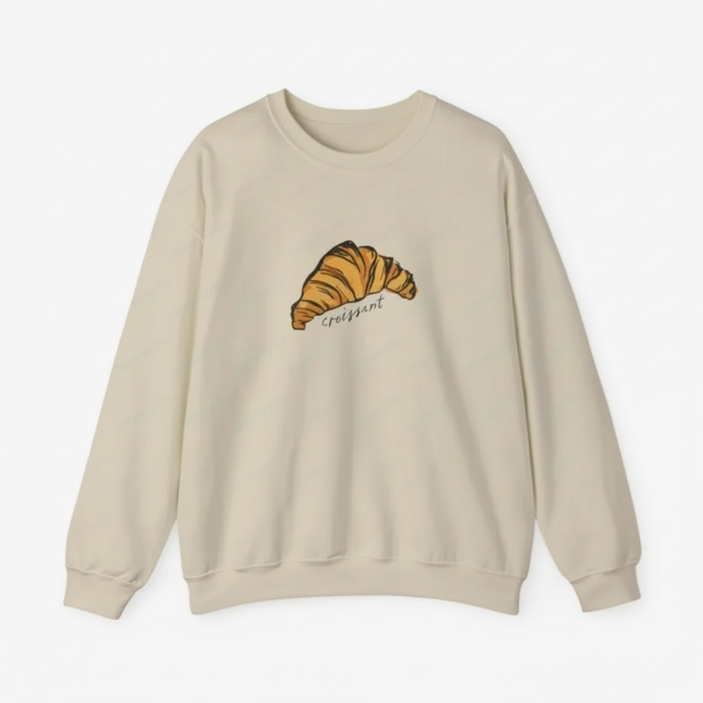 Cream sweatshirt with a croissant graphic on a white background
