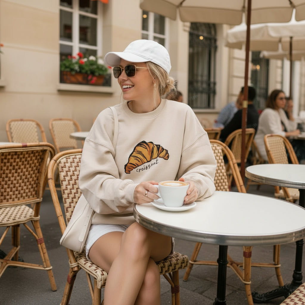 Woman wearing a light cream sweatshirt with a croissant graphic and sunglasses, sitting at a cafe enjoying a latte.