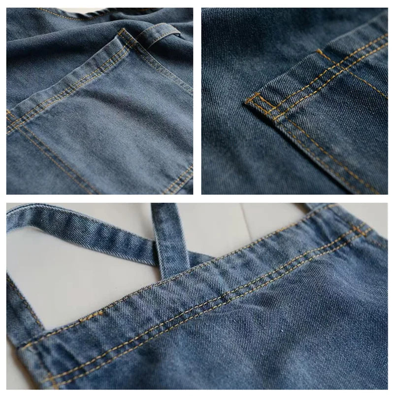 Collage of denim fabric with stitching details on a white background