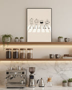 Framed black and white illustration of 4 types of coffee walking on a crosswalk in a modern home coffee bar.
