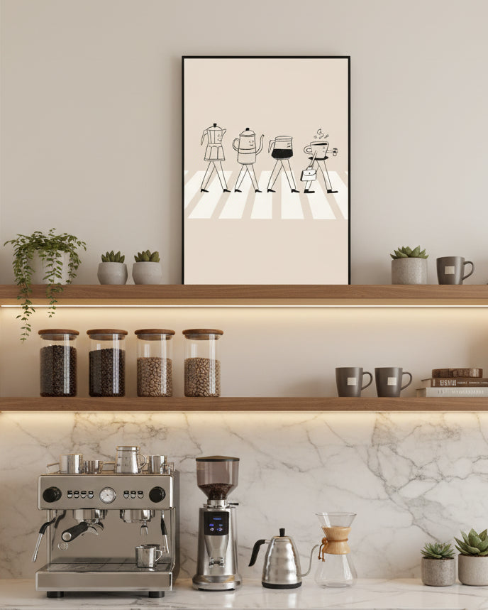Framed black and white illustration of 4 types of coffee walking on a crosswalk in a modern home coffee bar.