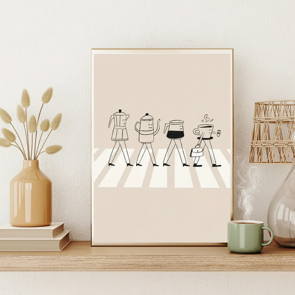 Framed artwork of coffee-themed figures on a shelf with decorative items.