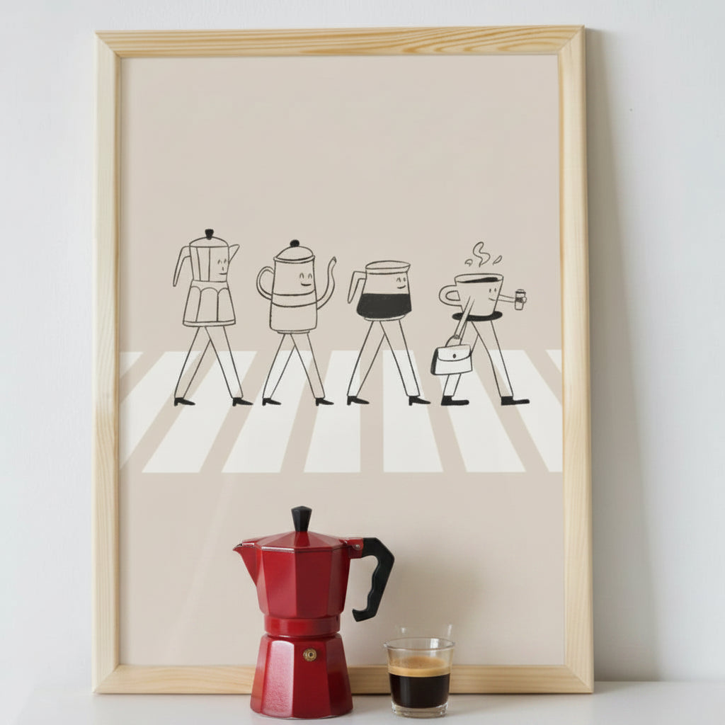 Framed artwork of coffee-themed figures on a white background