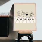 Framed artwork with black and white illustration of coffee-making equipment on a beige background