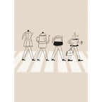 Illustration of coffee-making devices crossing a crosswalk on a beige background