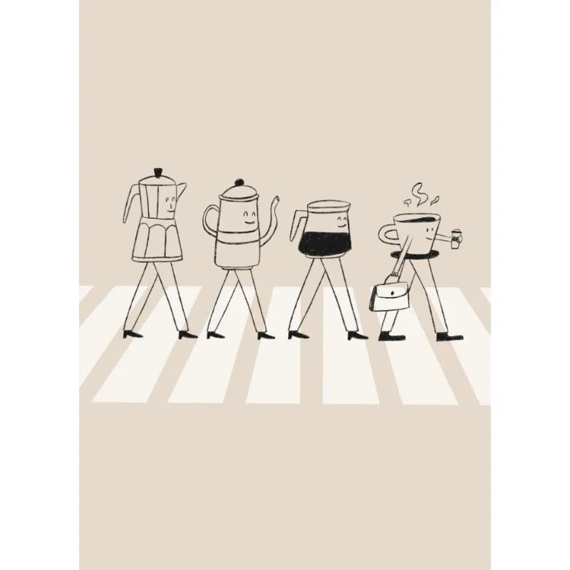 Illustration of coffee-making devices crossing a crosswalk on a beige background