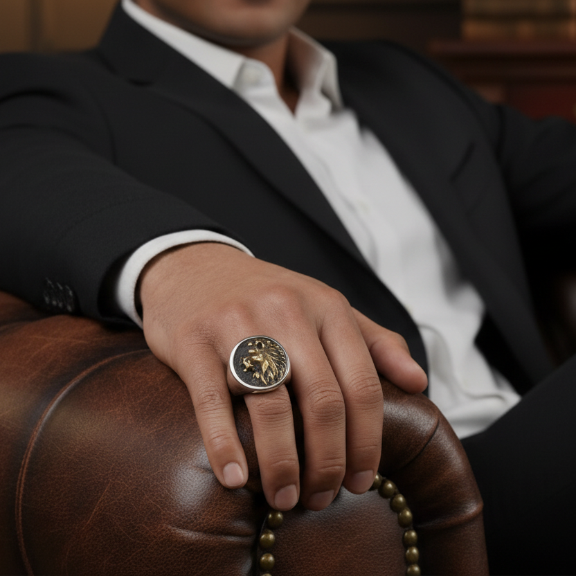 Lion of Judah Signet Ring with gold detailing on male model's hand resting on leather armchair.