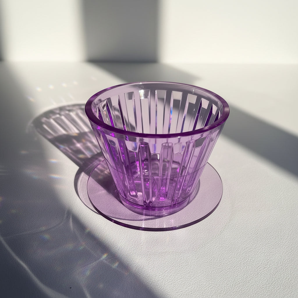 A translucent purple plastic cup with a vertical ribbed design and a matching round purple coaster, placed on a white textured surface in direct sunlight with strong shadows.