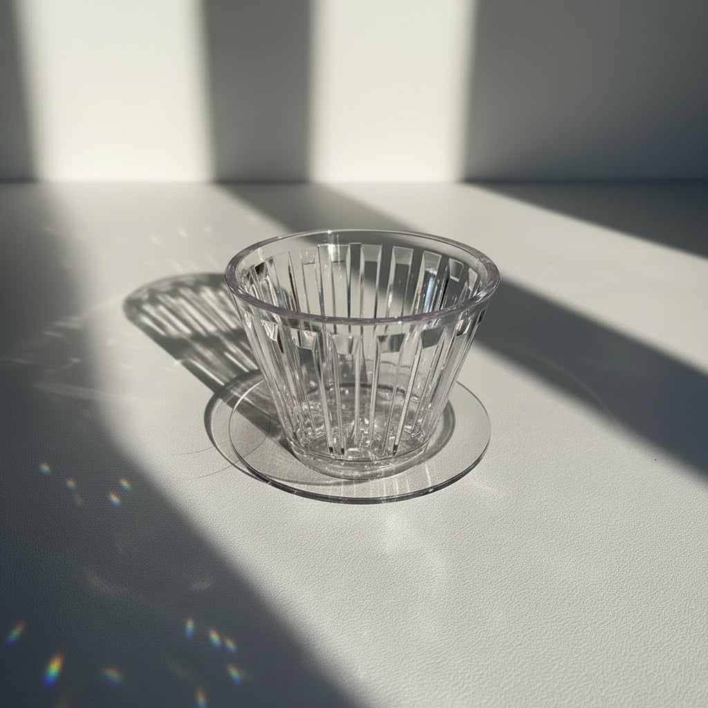 A clear ribbed glass coffee dripper resting on a matching round glass coaster, set on a light gray textured surface with strong sunlight and shadows.
